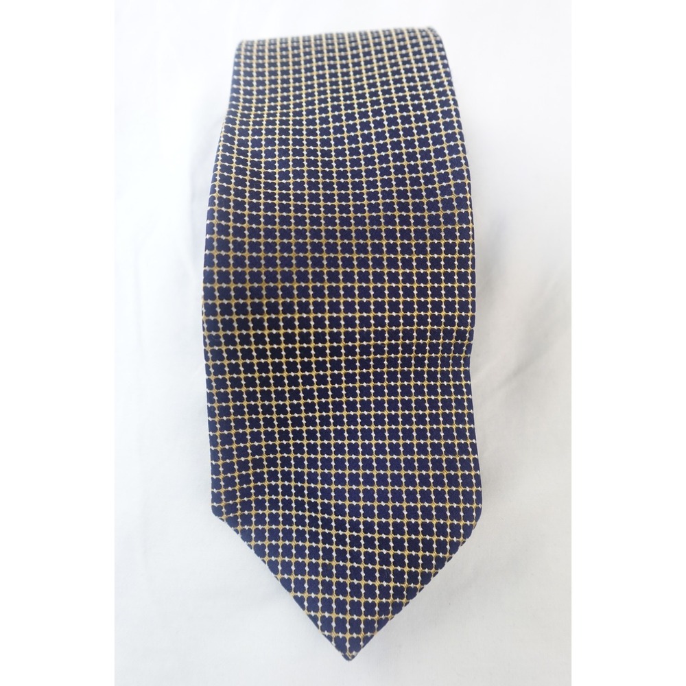 Nautica‎ Tie Silk Navy Blue Yellow Geometric Grid Print USA Made Necktie